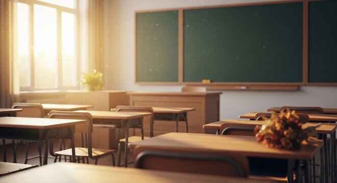 Classroom interior with empty desks and chalkboard during sunset for World Teachers' Day