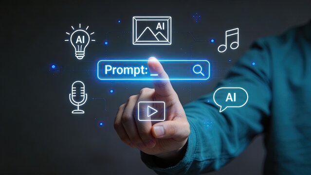 Businessman interacting with futuristic AI prompt interface artificial intelligence concept with icons for text image audio and video generation digital technology and innovation