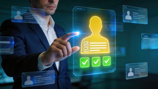 Businessman selecting verified user profile on holographic interface digital identity management futuristic data verification secure authentication corporate technology
