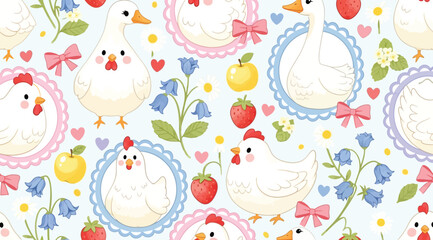 Seamless pattern with cute chickens, geese, strawberries, apples, and bluebell flowers © Saharia