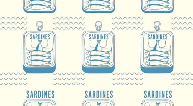 Seamless pattern with sardine cans and fish, hand drawn vector illustration for food packaging or textile design