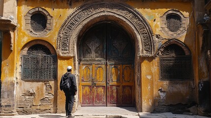 A man stands before a large ornate door at an ancient site, lost in quiet reflection and discovery, surrounded by the relics of the past.