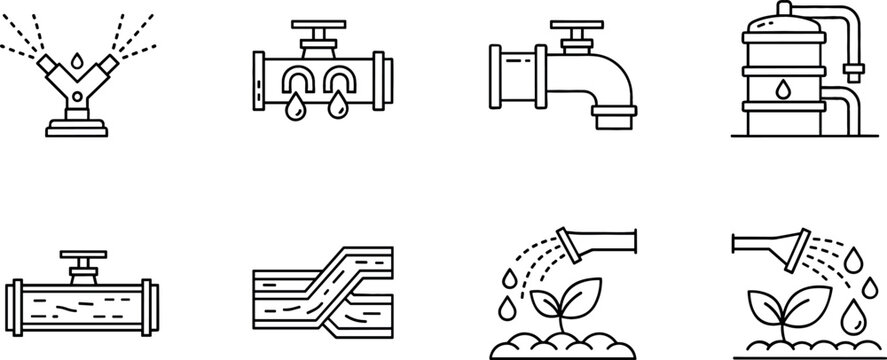 Vector Icons Set of Water Pipes, Sprinklers, Valves, and Irrigation Systems for Gardening, Agriculture, and Water Management Design Projects