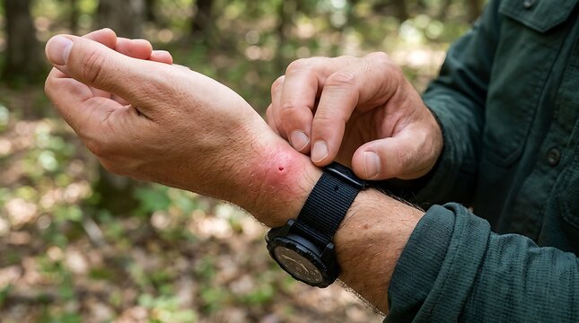 man scratching red bug bite on wrist with smartwatch in forest