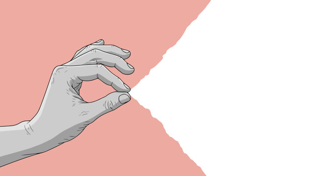 Illustration of a hand pinching or pulling a torn edge of pink paper revealing a