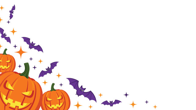 Halloween background featuring spooky jack-o-lantern pumpkins and flying bats on a white background, perfect for festive holiday designs and cards.