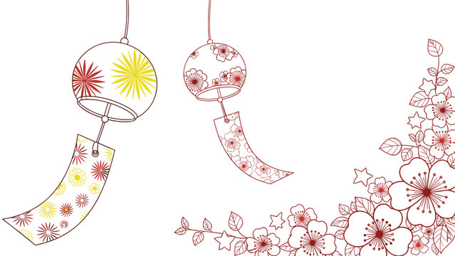 Traditional Japanese wind chimes decorated with floral patterns hanging next to delicate line-art flowers, creating a peaceful summer atmosphere.