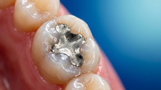 Close up of molar tooth with silver amalgam filling on white teeth and pink gum, dental health concept