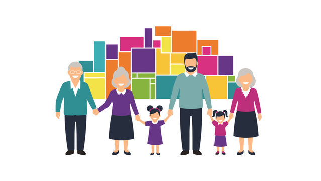 Large multi-generational family standing together against a colorful geometric background, representing love, unity, and support across ages.