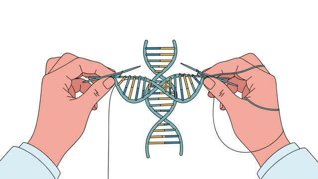 Science concept illustration showing hands in a laboratory setting knitting two different DNA strands together to create a new genetic structure.