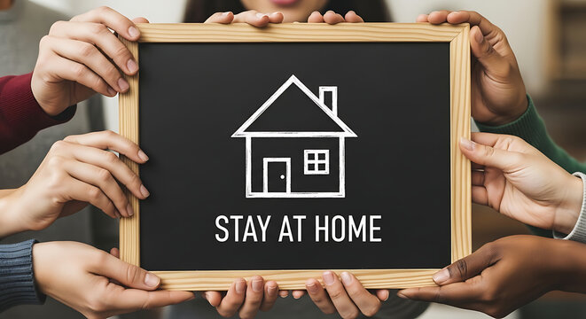 Hands holding a chalkboard with a house and 'stay at home' message