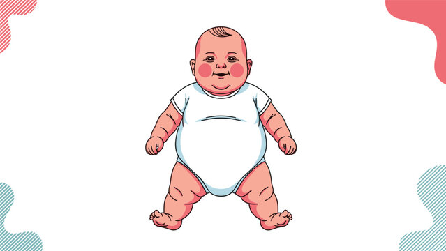 Chubby baby with rosy cheeks wearing a white onesie standing against a white background with decorative soft abstract shapes in corners.