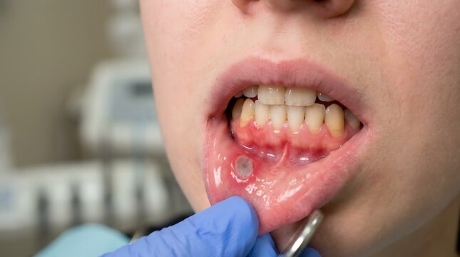 Dentist examining mouth with cold sore or canker sore on lower lip