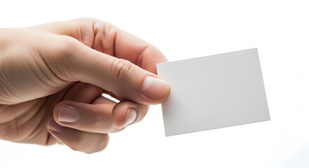 Obraz premium Hand holding a blank white card against a white background
