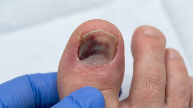 close up of a bruised toenail with a gloved hand