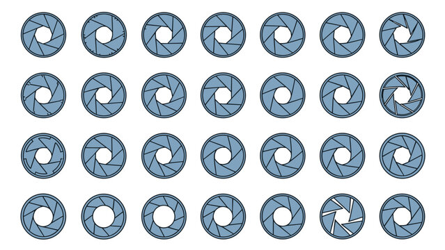 Detailed set of various camera lens aperture and shutter diaphragm icons representing different f-stop settings and photographic mechanics on white.