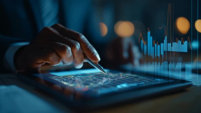 Financial Analyst Working on a Computer with Multi-Monitor Workstation with Real-Time Stocks, Commodities and Foreign Exchange Charts. Businessman Works in Investment Bank City Office at Night.
