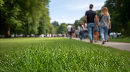 Obraz premium A low angle view of vibrant green grass in a park with blurred figures walking along a path on a sunny day