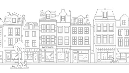 Fototapeta premium Detailed black and white line drawing of a traditional European street with narrow houses, shops, and a person resting.
