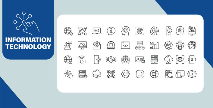 Information technology concept banner with modern line icons set for digital network and data systems