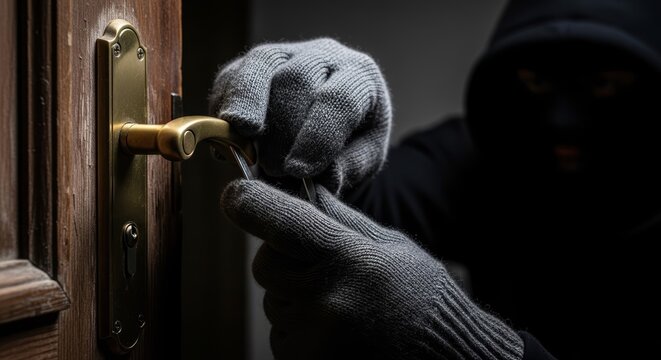 Burglar attempting to open a door with a lock pick 