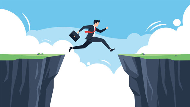 Brave businessman in a suit jumping over a dangerous gap between two high mountain cliffs towards a bright sky with clouds.