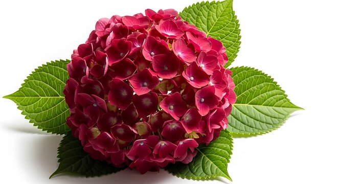 Close-up of a vibrant red hydrangea blossom with lush green leaves, set against a white backdrop