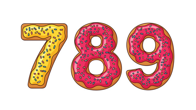 Sweet numbers seven eight and nine designed as delicious glazed donuts with colorful sprinkles and pink yellow frosting on white background.