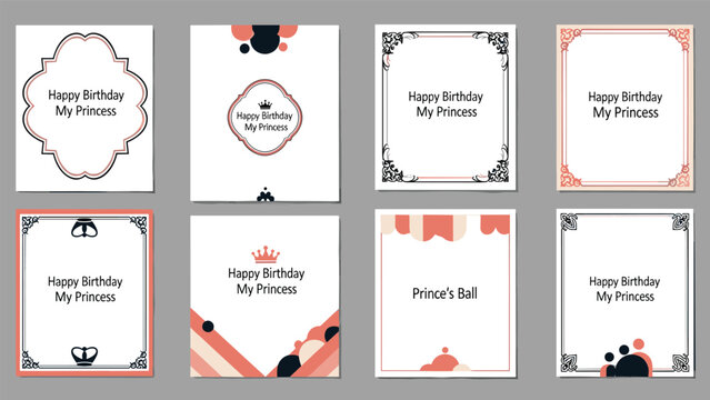 Elegant collection of birthday invitation card templates for a princess with decorative borders and crowns.