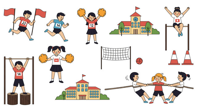 School sports day and physical education icons set featuring children running cheering and playing various games around school building.