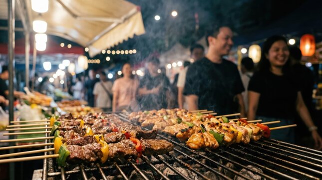 Grilled meat skewers cooking over charcoal at night market