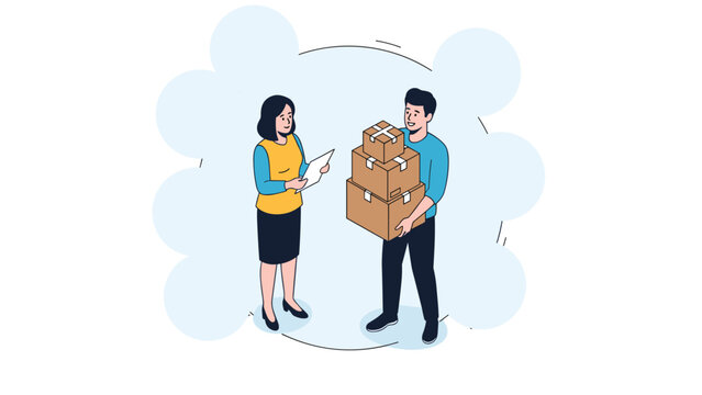 Delivery service worker and female customer checking a shipment of several cardboard boxes and a delivery list for order verification process.
