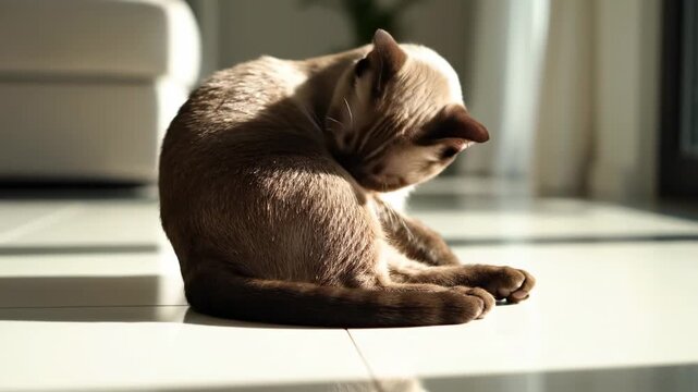 Close-up of a Siamese cat grooming itself in warm sunlight indoors