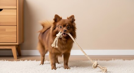 A fluffy ginger Pomeranian playfully bites a knotted rope toy on a white rug in a minimalist bedroom