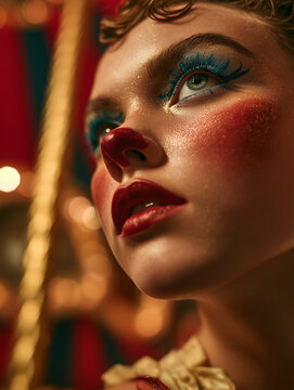 Circus-inspired woman with crimson eyeshadow and teal eyeliner against pastel circus tents background