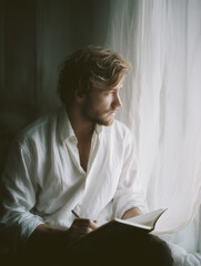 Thoughtful man in loose white shirt sitting by window with notebook on soft gray vintage interior, poetic core lifestyle portrait