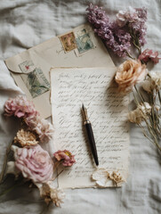 Handwritten letters with dried flowers and vintage envelope on soft pastel linen fabric, romantic poetic flat lay