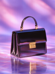 Glossy black leather handbag with gold hardware on pastel lavender reflective surface, 80s luxury accessory close-up