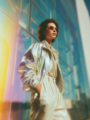Woman in metallic silver oversized jacket and high-waisted trousers walking confidently on soft pastel blue architectural background, 80s luxury fashion portrait
