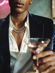 Stylish man in white silk shirt and navy velvet blazer holding martini glass in soft pastel neon lounge, 80s luxury lifestyle portrait