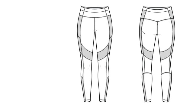 Technical fashion drawing of women's athletic leggings with stylish mesh inserts shown in both front and back views.