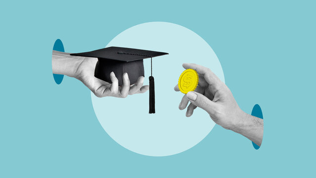 Education cost and return on investment concept with graduation cap and money exchange, tuition fees, student debt, paying for education, financial value of degree and career investment