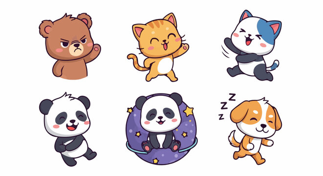 Adorable Cartoon Animals - Bear, Cat, Panda, and Dog Characters.