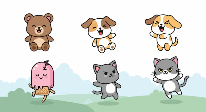 Adorable cartoon animals collection including bear cat panda dog and other cute creatures dancing.