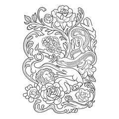 Obraz premium Intricate Black and White Tattoo Style Wildlife and Floral Illustration with Lion, Snake and Crocodile Vector Line Art
