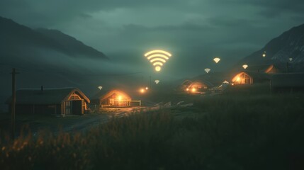 Obraz premium Golden wireless signal symbols hover above rustic mountain homes in a misty twilight landscape. Concept of global connectivity, digital transformation, and remote village infrastructure.