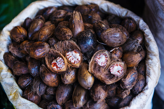 areca nuts, commonly referred to as betel nuts, which are the seeds of the areca palm for sale at the farmers market 