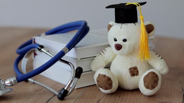 Teddy bear in graduation cap with books and stethoscope on wooden table. Medical education, healthcare training, pediatric study and student concept.
