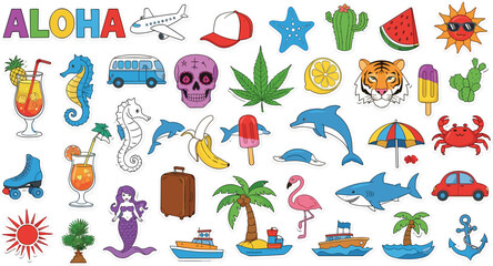 Fototapeta premium Summer vacation doodle collection with beach icons animals travel elements and tropical symbols colorful cartoon illustration set for holiday design