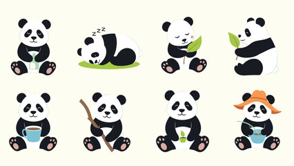 Naklejka premium Collection of cute giant panda bears in various poses including sleeping, eating bamboo, and drinking tea on a light background.